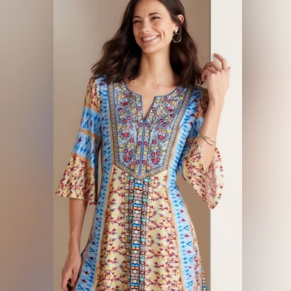 Soft Surroundings Fifi Embroidered Mixed Print Bell Sleeve Tunic Top L